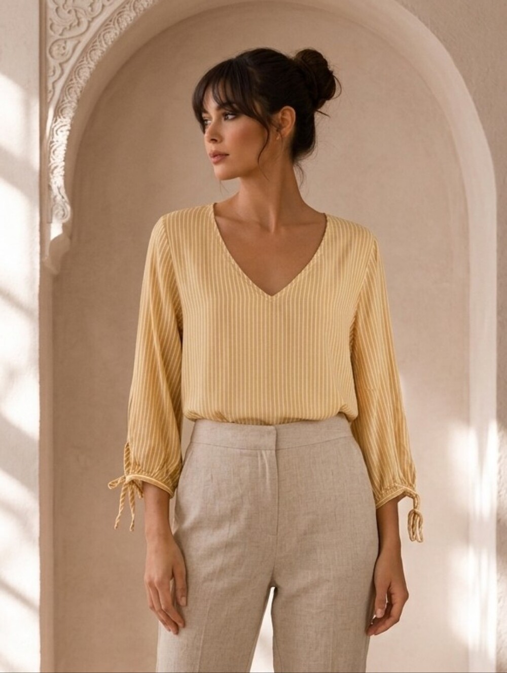 H&M Golden Sunshine Yellow Ribbed V-Neck Tie-Cuff Blouse Top Size 6